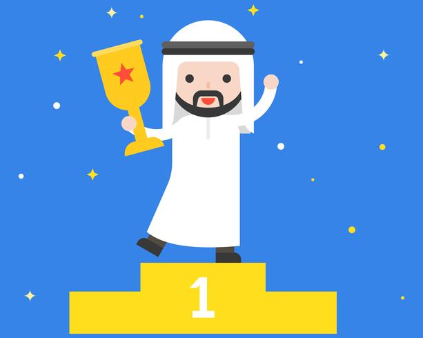 Heureux homme d&#39;affaires arabe mignon tenant trophée, concept de gagnant et de chef de la situation des affaires vecteur