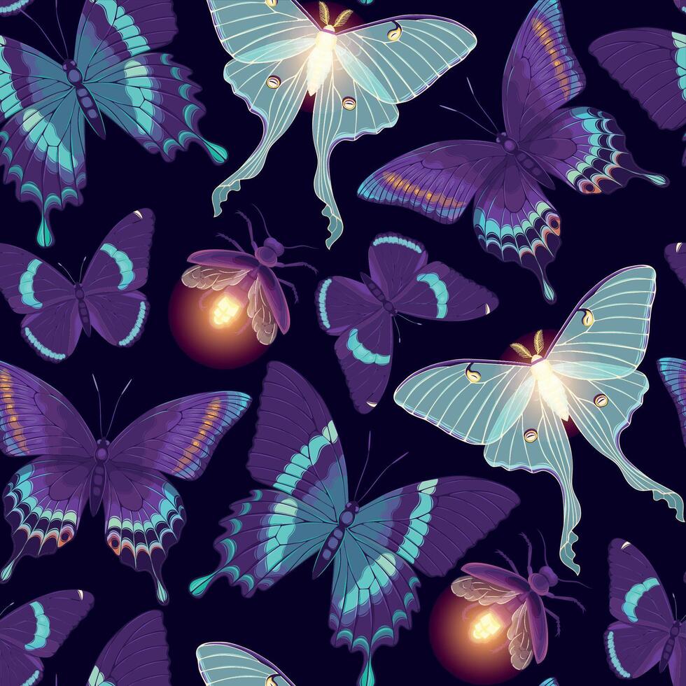 lune papillon, papillons et lucioles sans couture modèle vecteur
