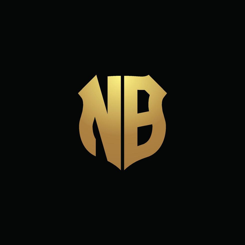 monogramme du logo nb avec des couleurs dorées et un modèle de conception de forme de bouclier vecteur