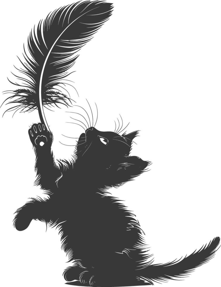 silhouette chaton animal en jouant plume noir Couleur seulement vecteur