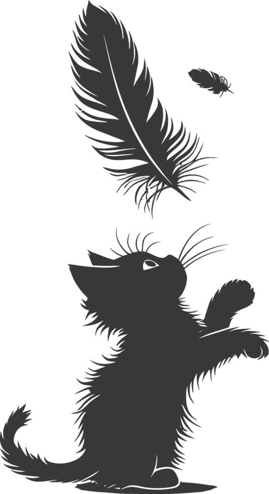 silhouette chaton animal en jouant plume noir Couleur seulement vecteur