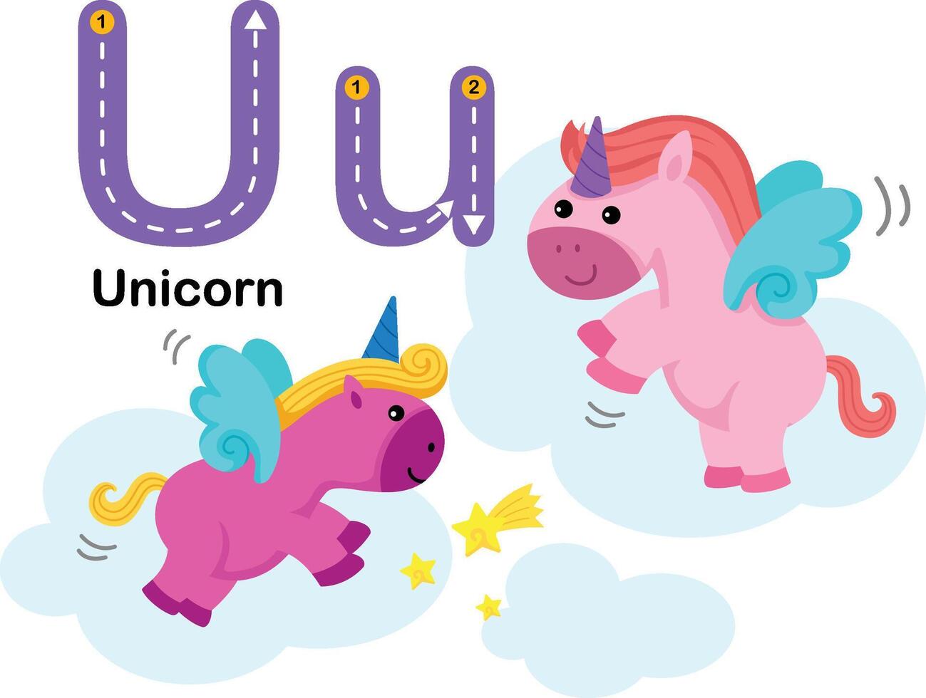 alphabet lettre u-licorne avec dessin animé vocabulaire illustration, vecteur