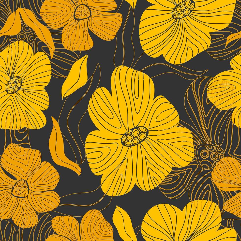 une modèle avec Jaune fleurs sur une noir Contexte vecteur