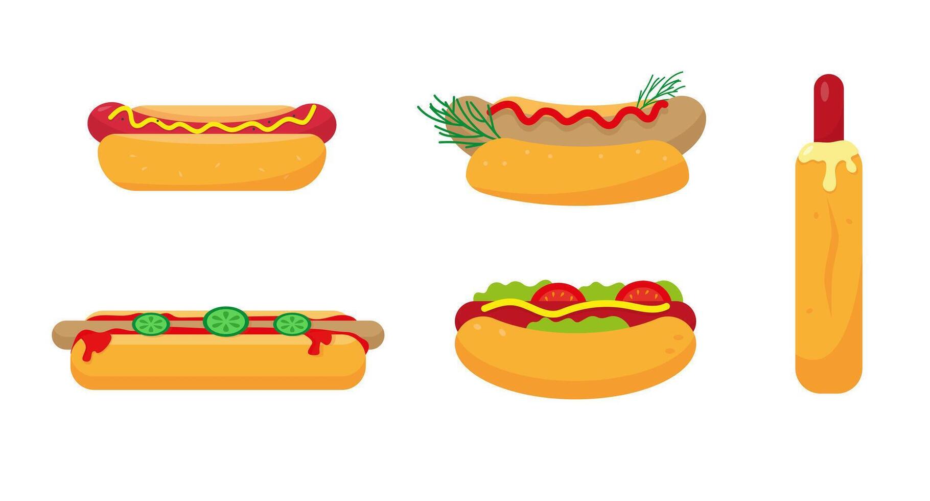 ensemble de les hot-dogs Icônes sur blanc arrière-plan. classique, français et Munich saucisses avec ketchup, moutarde et des légumes. vecteur