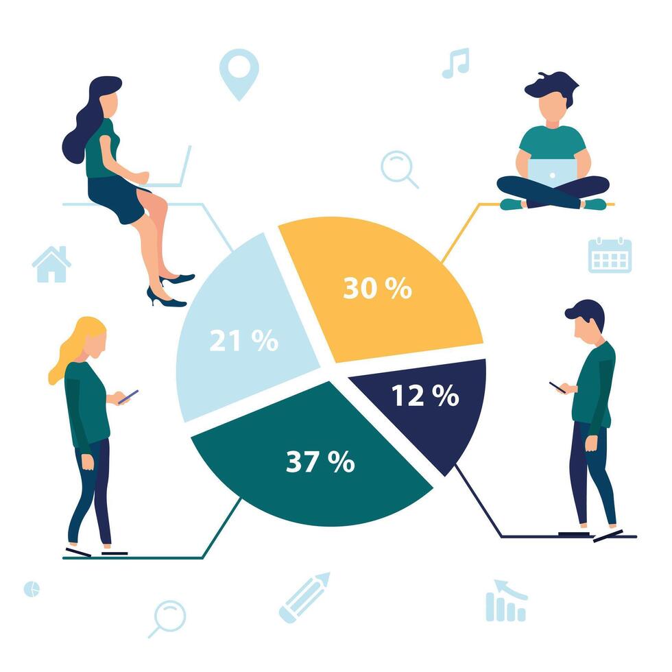 marché segmentation illustration de gens séance sur rond pourcentage diagramme. plat gens travail avec ordinateur portable, bavardage messages et appel. blanc Contexte de utilisateur expérience. vecteur