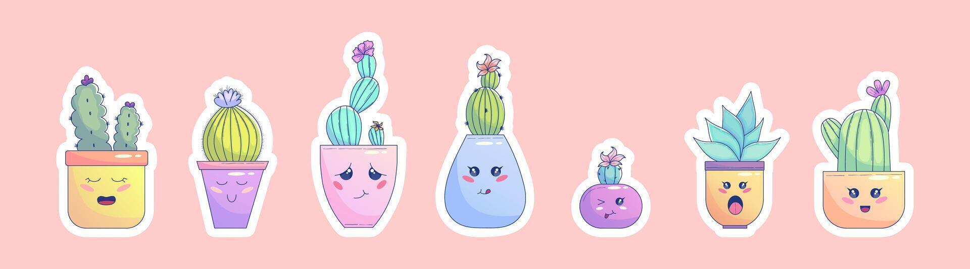 mignonne kawaii cactus autocollant ensemble dans pot avec affronter. mignonne pastel succulent kawaii smaïle. cactus personnage dans pot. graphique illustration vecteur