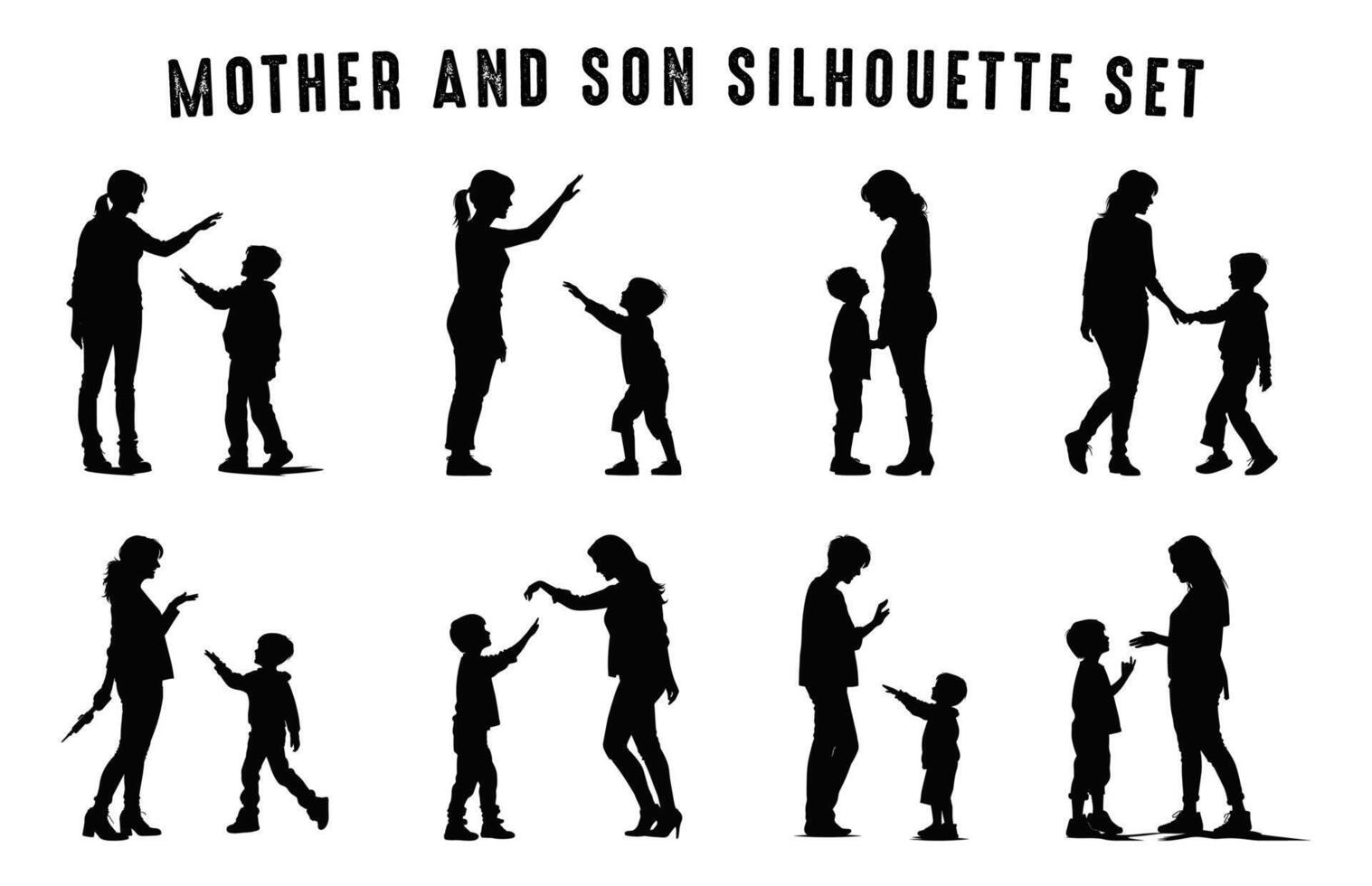 maman et fils noir silhouette empaqueter, mère et enfant silhouettes ensemble vecteur