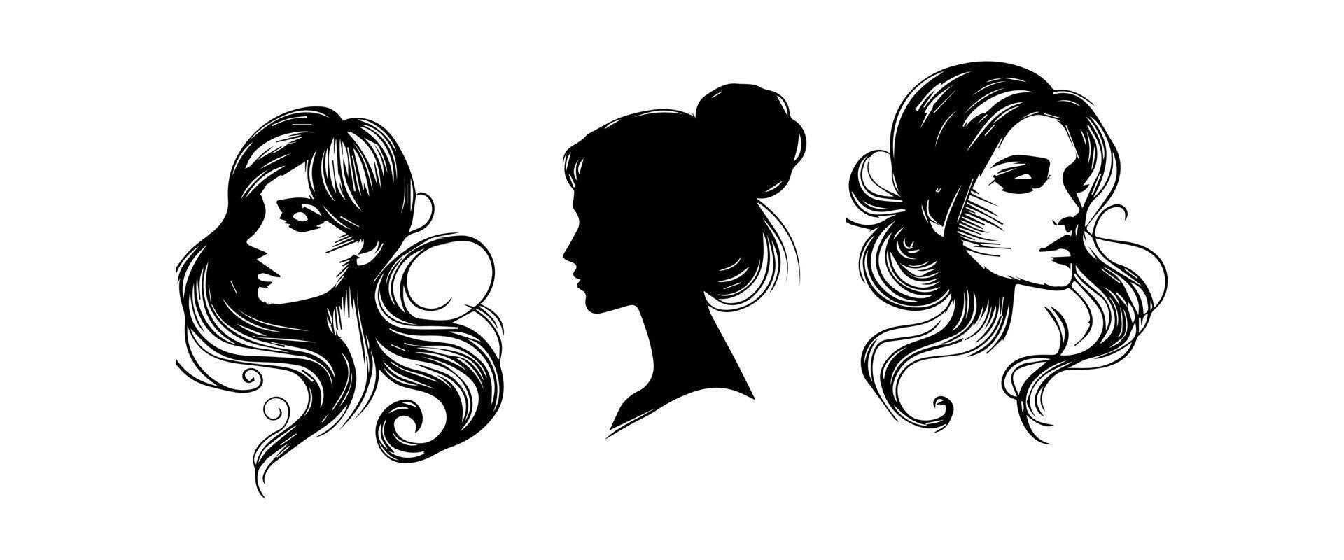 femme tête silhouette, visage profil, vignette. main tiré illustration, isolé sur blanc Contexte. conception pour invitation, salutation carte, ancien style. vecteur