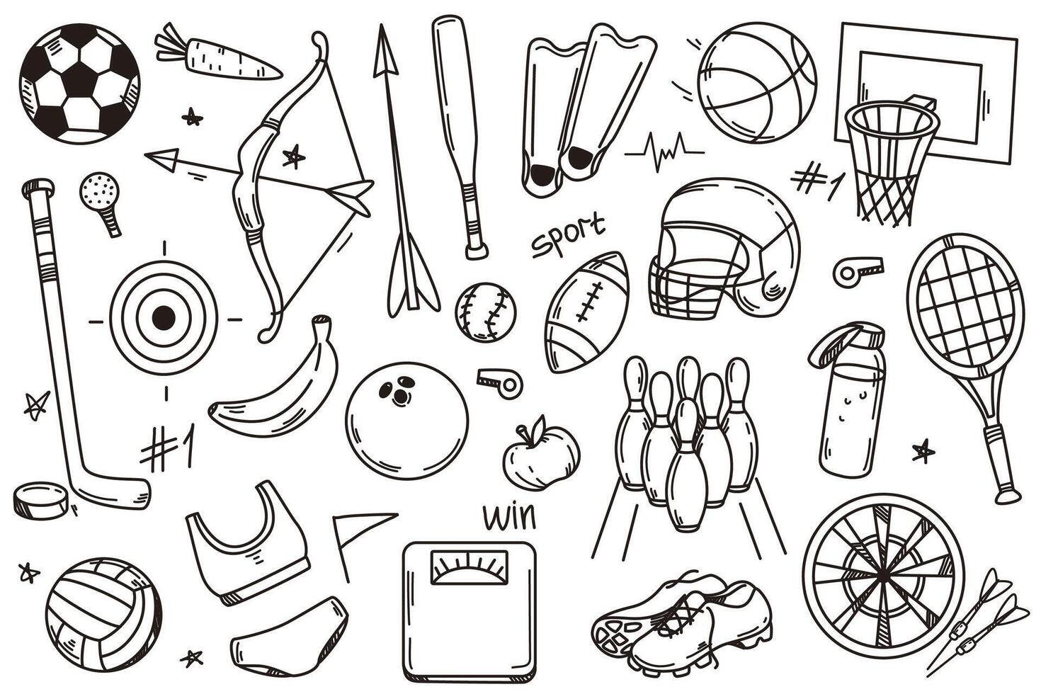 main tiré illustration ensemble de sport griffonnage Icônes. des sports équipement et accessoires avec des balles, raquette, casque, palmes, Balance, chaussures, maillots de bain et en bonne santé aliments. collection de conception éléments vecteur