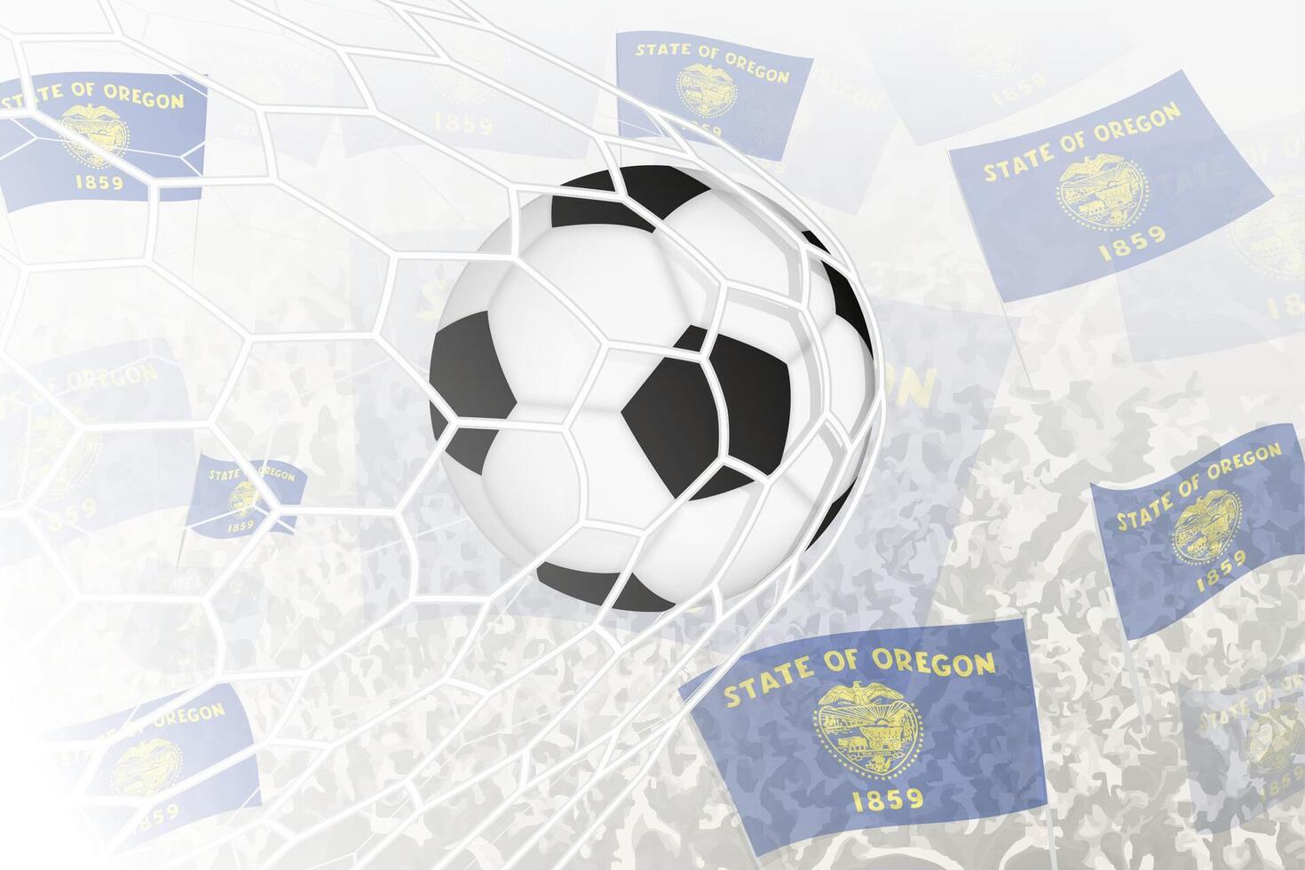 nationale Football équipe de Oregon marqué but. Balle dans objectif filet, tandis que Football partisans sont agitant le Oregon drapeau dans le Contexte. vecteur