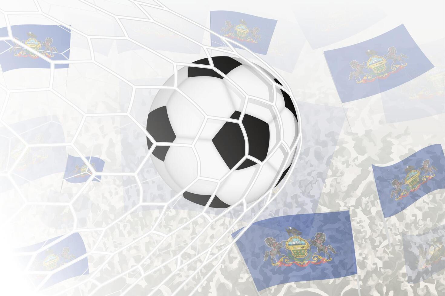 nationale Football équipe de Pennsylvanie marqué but. Balle dans objectif filet, tandis que Football partisans sont agitant le Pennsylvanie drapeau dans le Contexte. vecteur