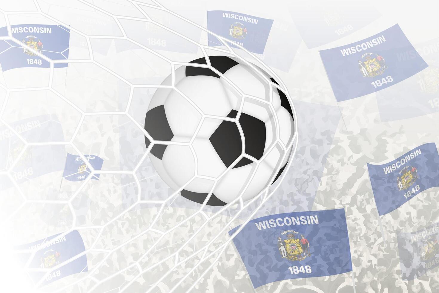 nationale Football équipe de Wisconsin marqué but. Balle dans objectif filet, tandis que Football partisans sont agitant le Wisconsin drapeau dans le Contexte. vecteur