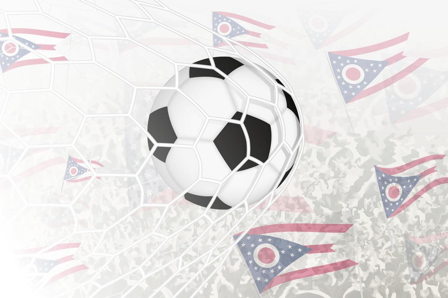 nationale Football équipe de Ohio marqué but. Balle dans objectif filet, tandis que Football partisans sont agitant le Ohio drapeau dans le Contexte. vecteur