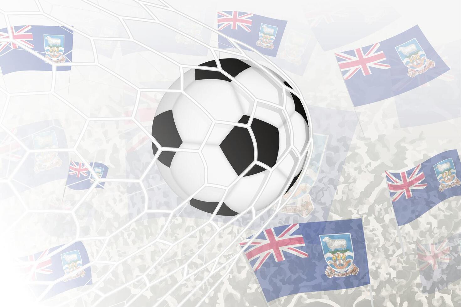nationale Football équipe de Falkland îles marqué but. Balle dans objectif filet, tandis que Football partisans sont agitant le Falkland îles drapeau dans le Contexte. vecteur