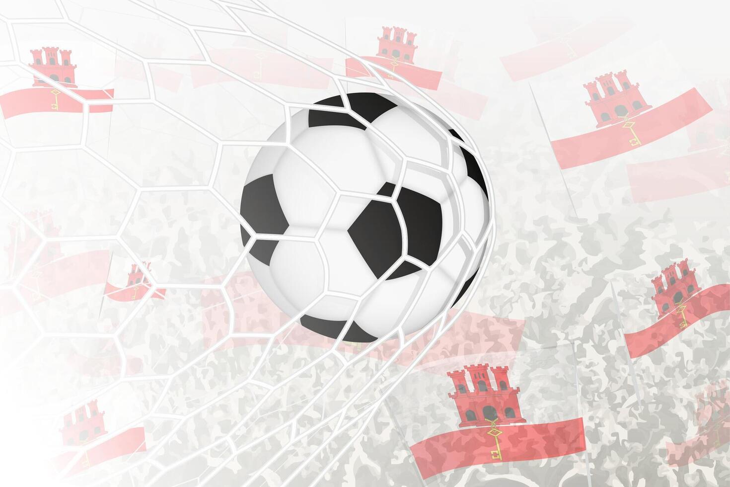 nationale Football équipe de Gibraltar marqué but. Balle dans objectif filet, tandis que Football partisans sont agitant le Gibraltar drapeau dans le Contexte. vecteur