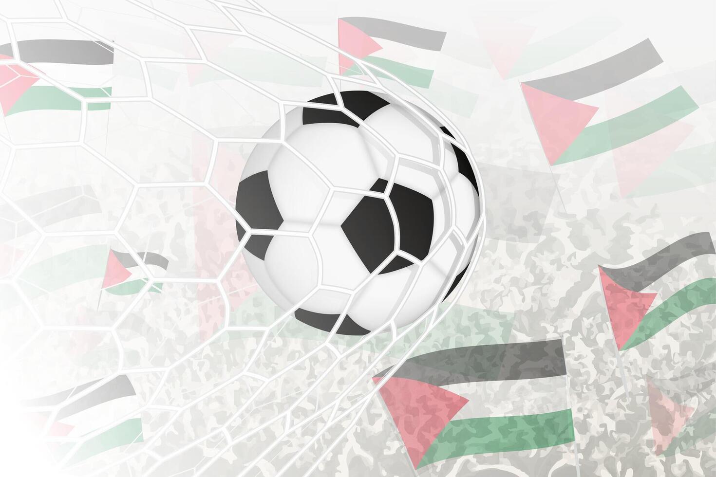 nationale Football équipe de Palestine marqué but. Balle dans objectif filet, tandis que Football partisans sont agitant le Palestine drapeau dans le Contexte. vecteur