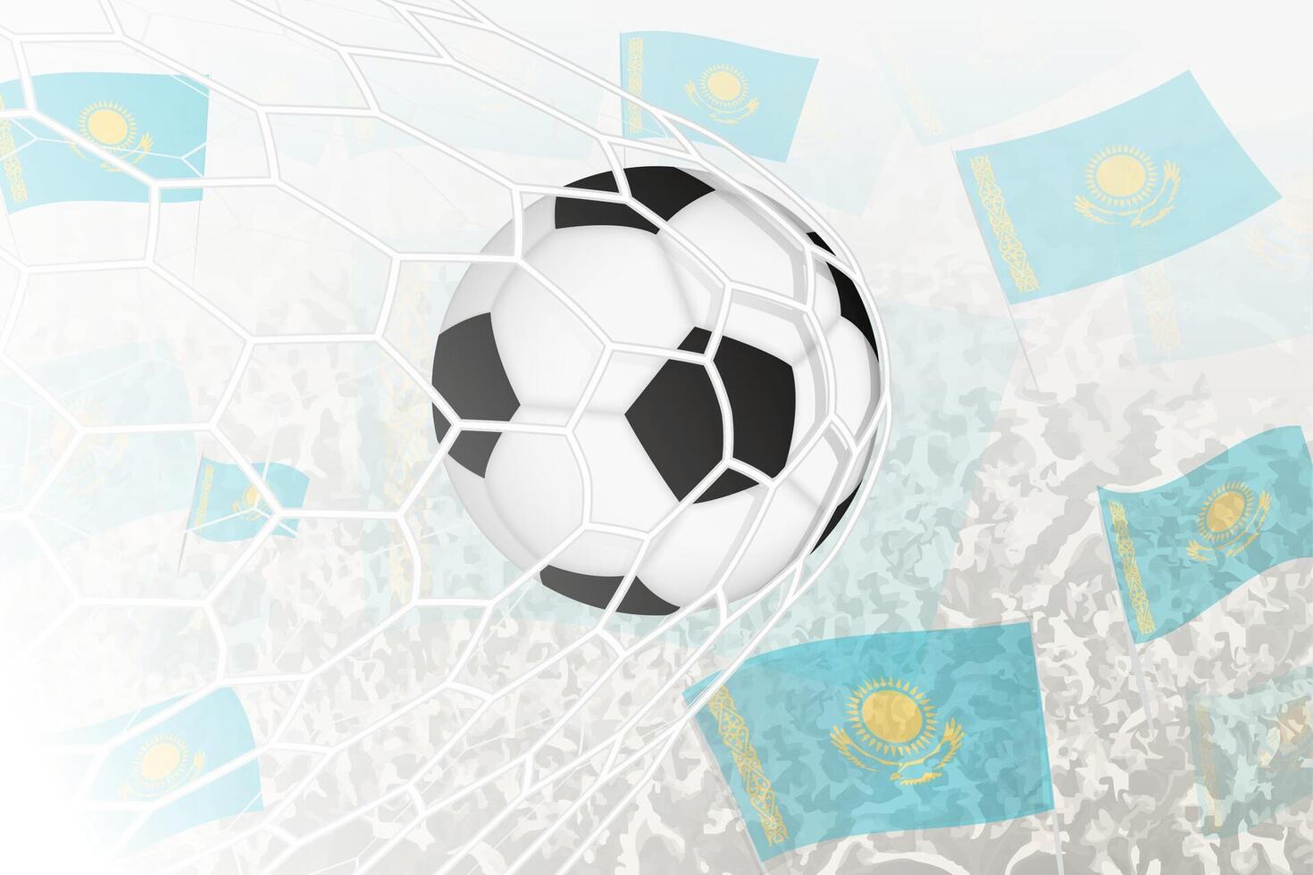 nationale Football équipe de kazakhstan marqué but. Balle dans objectif filet, tandis que Football partisans sont agitant le kazakhstan drapeau dans le Contexte. vecteur