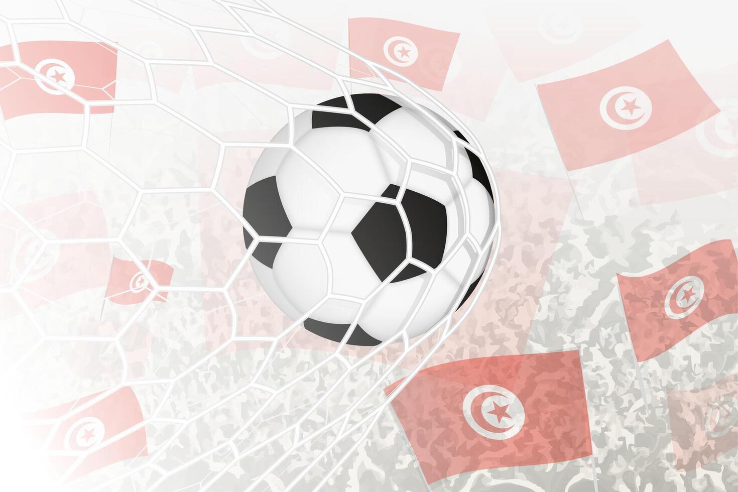 nationale Football équipe de Tunisie marqué but. Balle dans objectif filet, tandis que Football partisans sont agitant le Tunisie drapeau dans le Contexte. vecteur