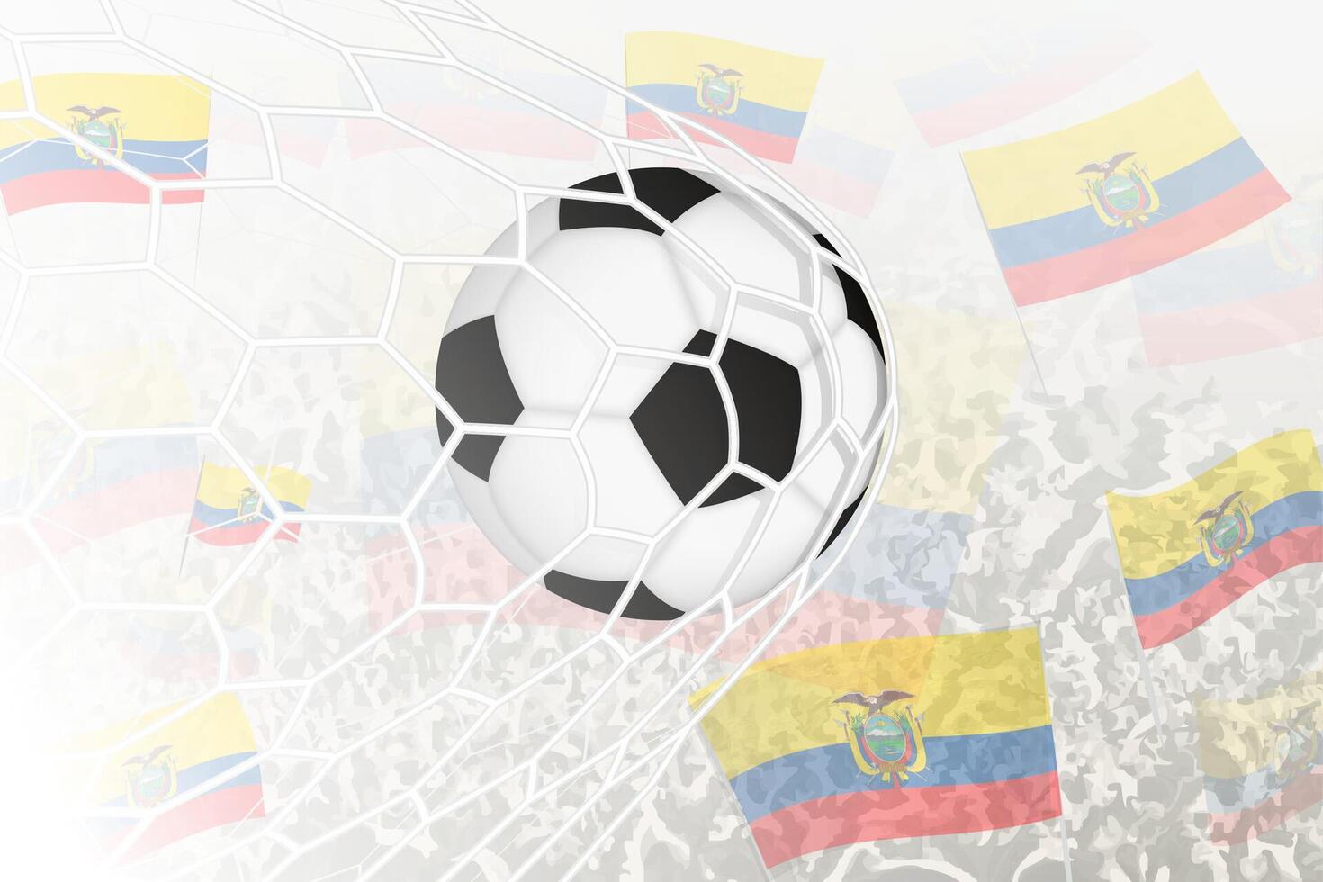 nationale Football équipe de équateur marqué but. Balle dans objectif filet, tandis que Football partisans sont agitant le équateur drapeau dans le Contexte. vecteur