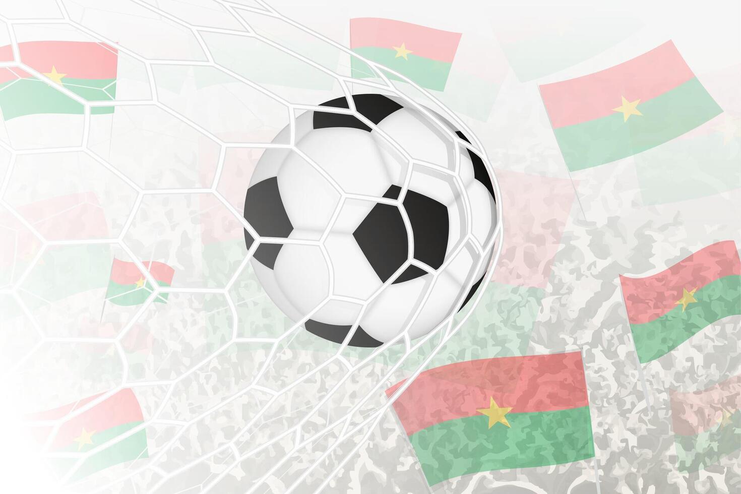 nationale Football équipe de burkina faso marqué but. Balle dans objectif filet, tandis que Football partisans sont agitant le burkina faso drapeau dans le Contexte. vecteur