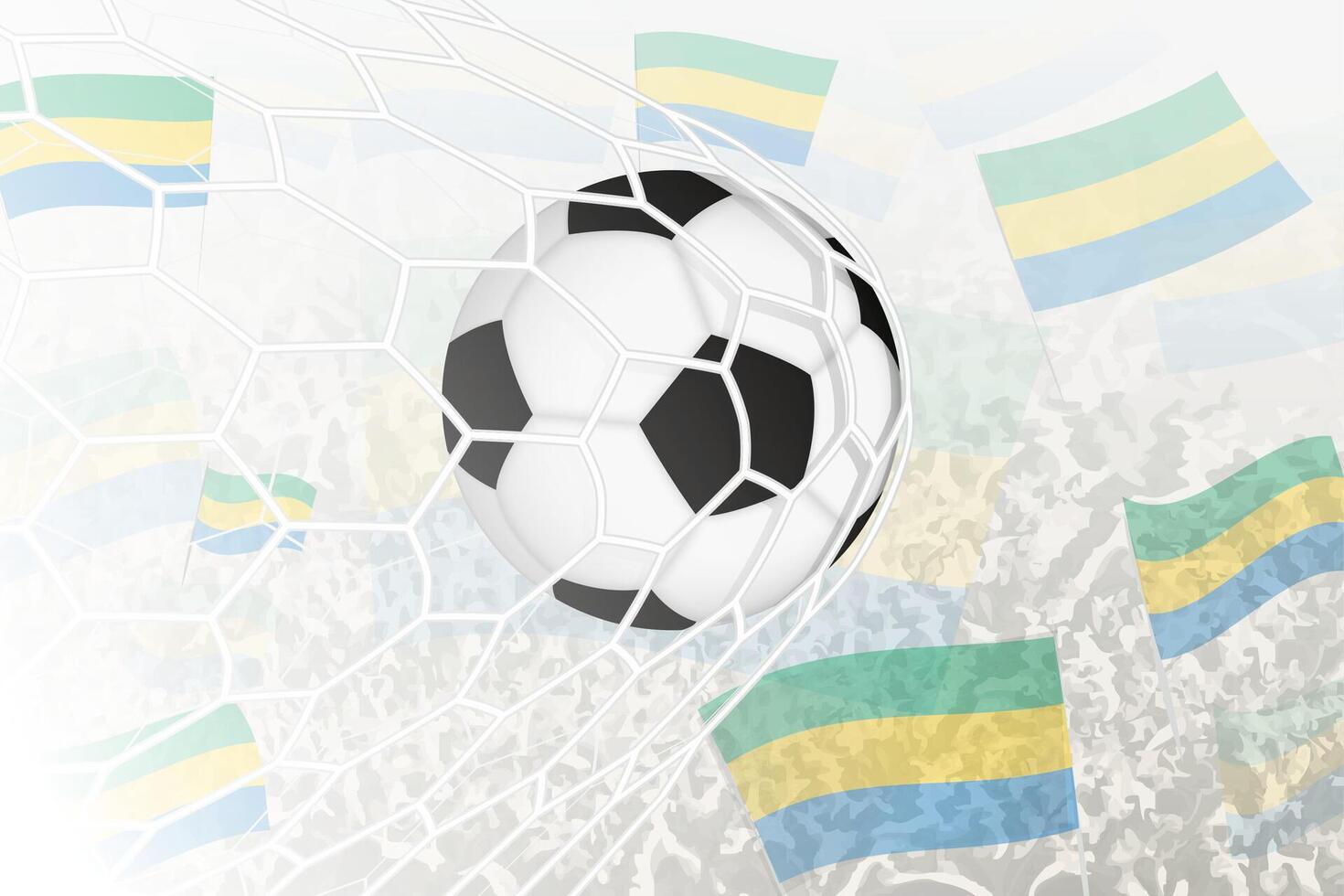 nationale Football équipe de Gabon marqué but. Balle dans objectif filet, tandis que Football partisans sont agitant le Gabon drapeau dans le Contexte. vecteur