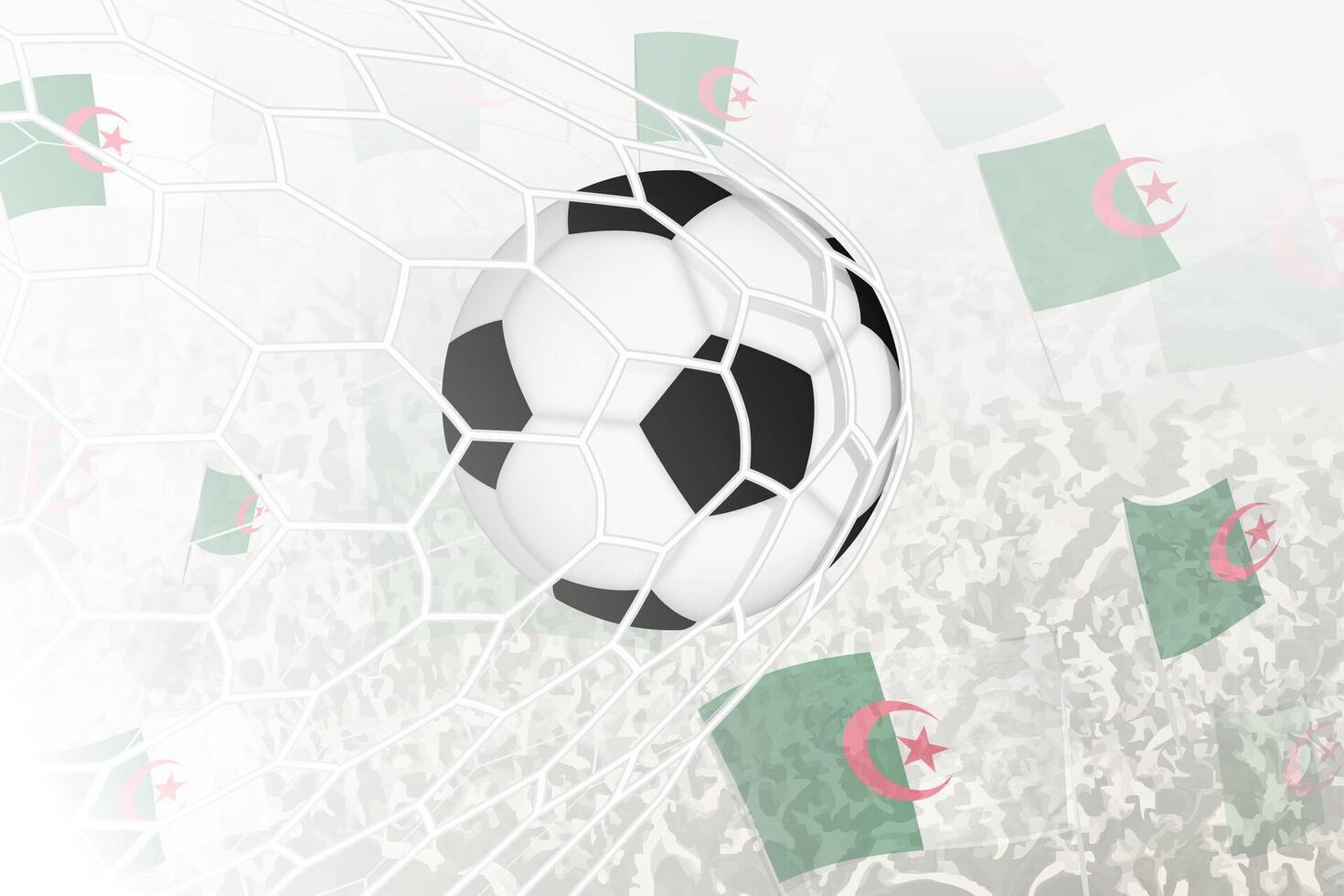 nationale Football équipe de Algérie marqué but. Balle dans objectif filet, tandis que Football partisans sont agitant le Algérie drapeau dans le Contexte. vecteur