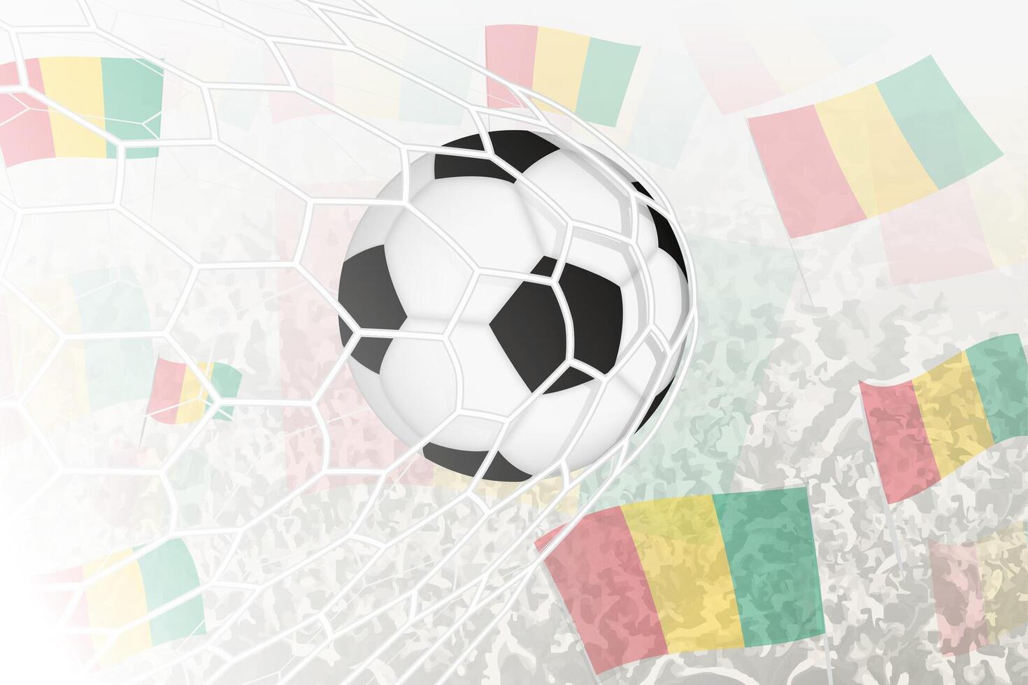 nationale Football équipe de Guinée marqué but. Balle dans objectif filet, tandis que Football partisans sont agitant le Guinée drapeau dans le Contexte. vecteur