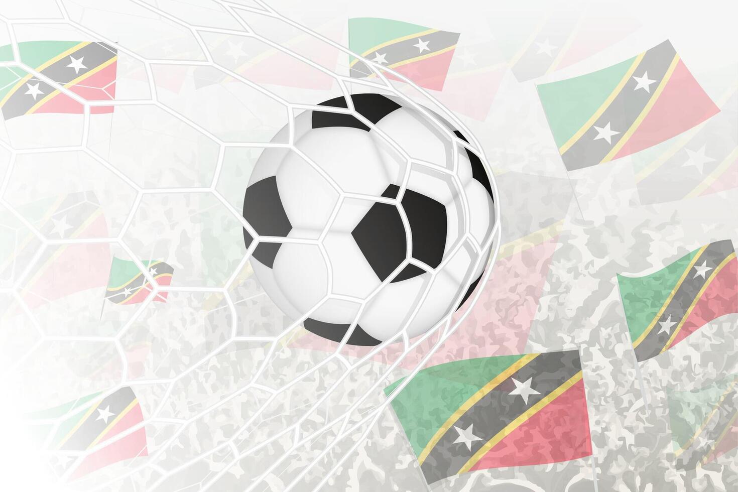 nationale Football équipe de Saint kitts et nevis marqué but. Balle dans objectif filet, tandis que Football partisans sont agitant le Saint kitts et nevis drapeau dans le Contexte. vecteur