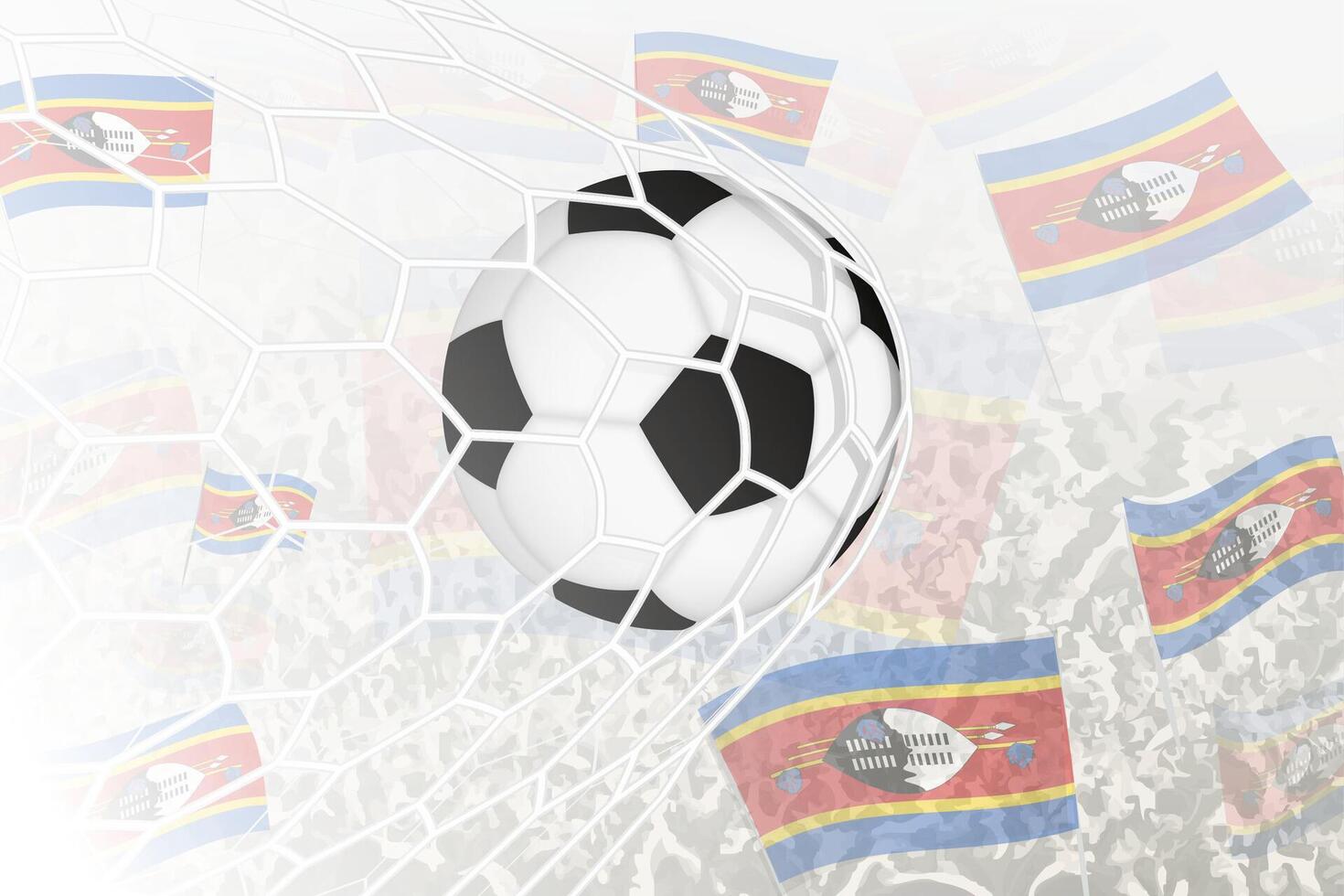 nationale Football équipe de Swaziland marqué but. Balle dans objectif filet, tandis que Football partisans sont agitant le Swaziland drapeau dans le Contexte. vecteur