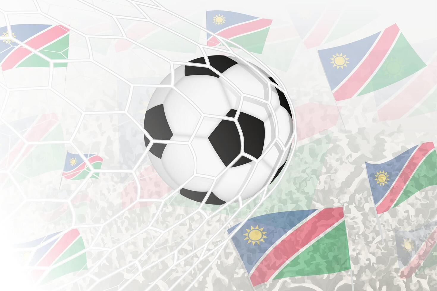 nationale Football équipe de Namibie marqué but. Balle dans objectif filet, tandis que Football partisans sont agitant le Namibie drapeau dans le Contexte. vecteur