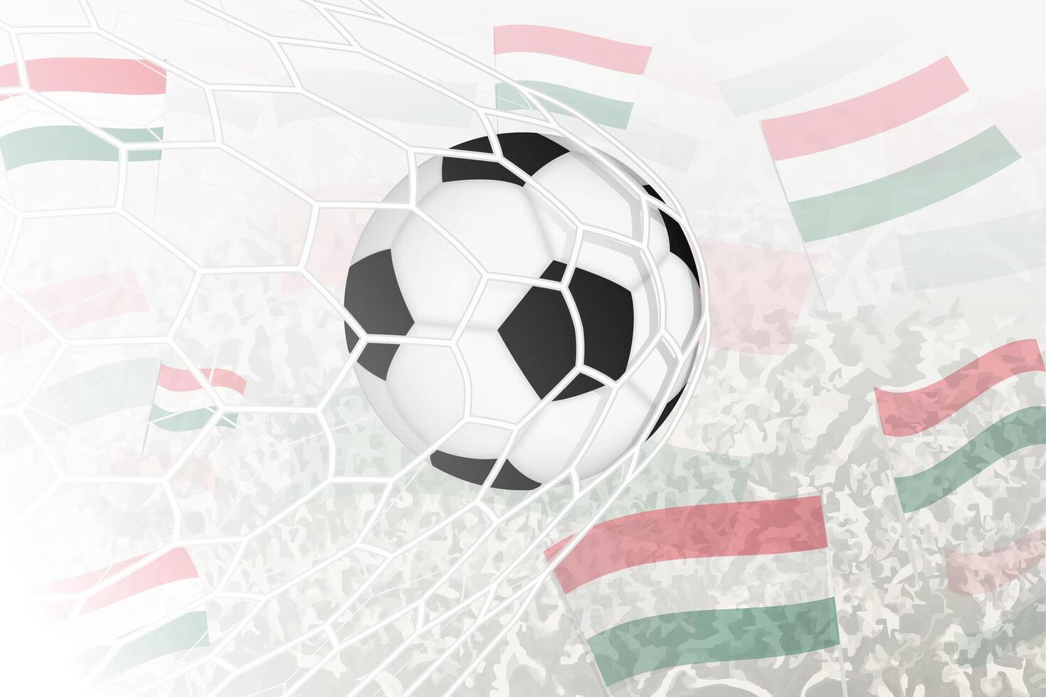 nationale Football équipe de Hongrie marqué but. Balle dans objectif filet, tandis que Football partisans sont agitant le Hongrie drapeau dans le Contexte. vecteur