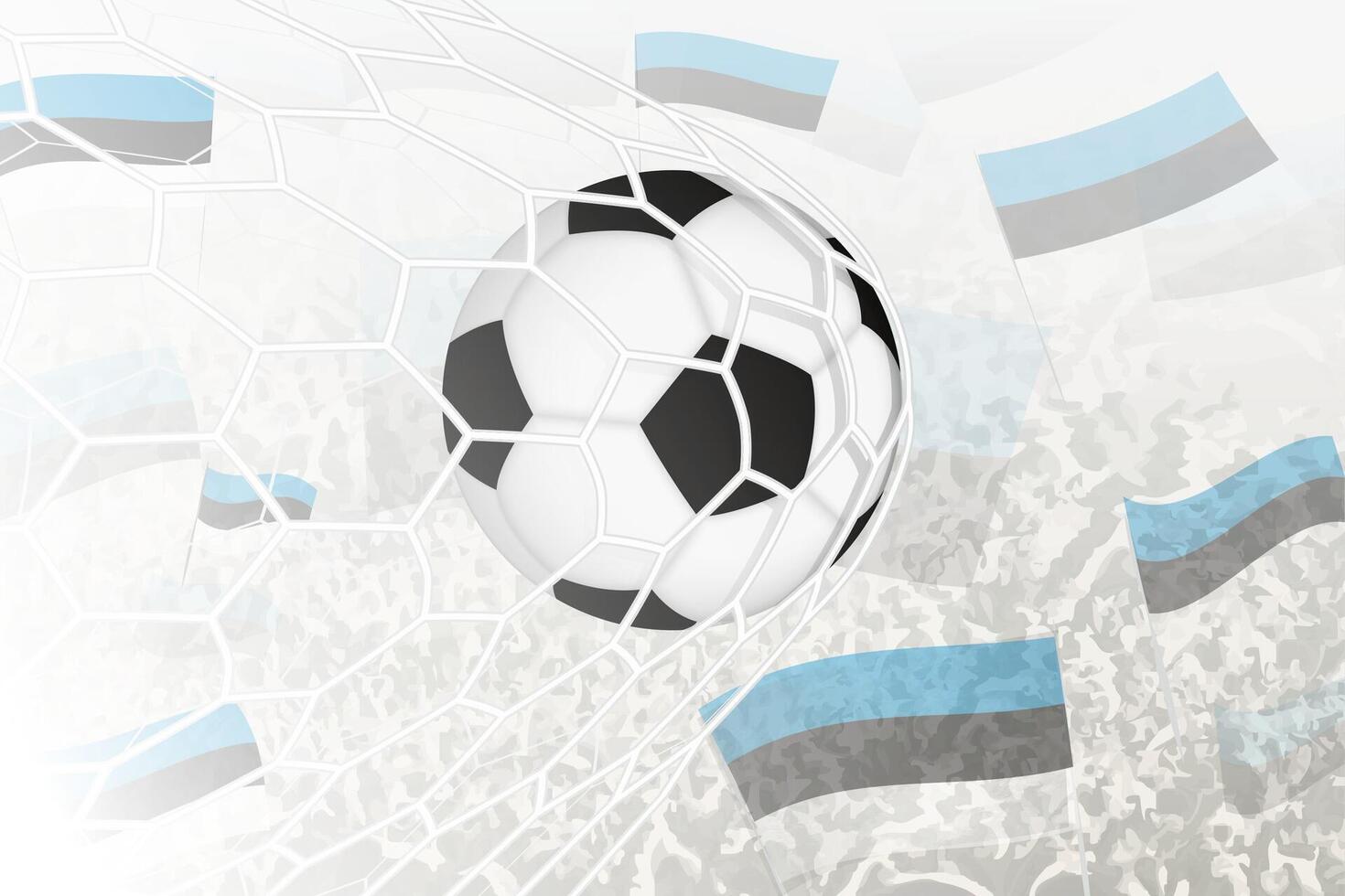 nationale Football équipe de Estonie marqué but. Balle dans objectif filet, tandis que Football partisans sont agitant le Estonie drapeau dans le Contexte. vecteur
