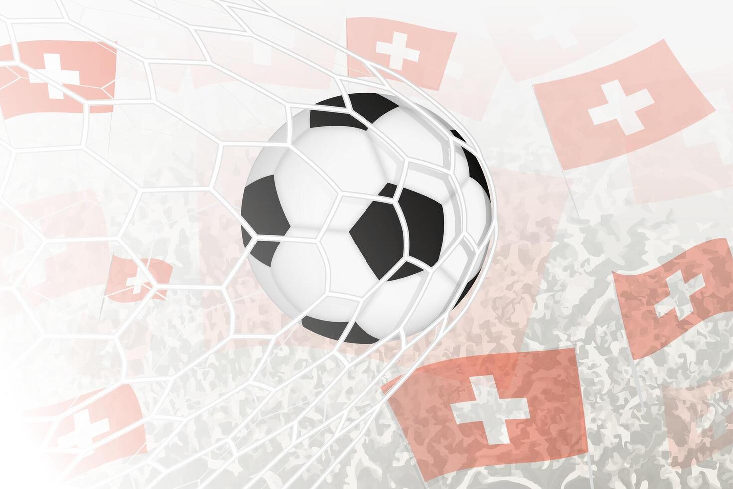 nationale Football équipe de Suisse marqué but. Balle dans objectif filet, tandis que Football partisans sont agitant le Suisse drapeau dans le Contexte. vecteur
