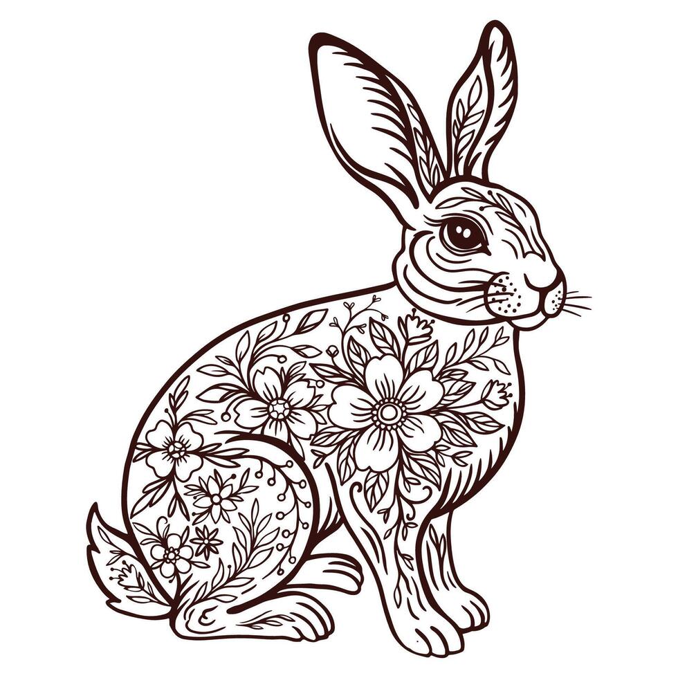 noir et blanc illustration de une lapin, contour dessin, ornemental floral modèle de le Pâques lapin vecteur