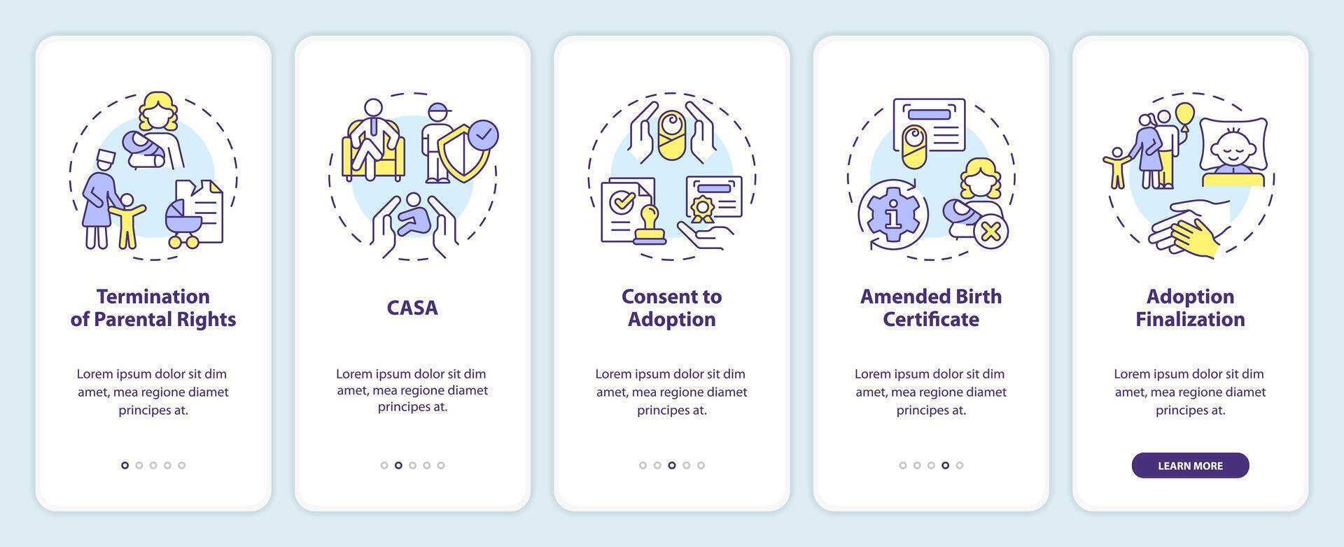 adoption lois l'intégration mobile app filtrer. légal processus procédure pas à pas 5 pas modifiable graphique instructions avec linéaire concepts. interface utilisateur, ux, gui modèle vecteur