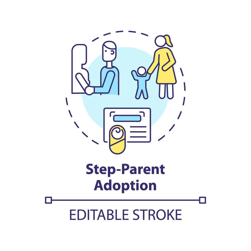 étape parent adoption multi Couleur concept icône. étape enfant garde à vue. adoption légal processus. officiel certificat. rond forme ligne illustration. abstrait idée. graphique conception. facile à utilisation vecteur