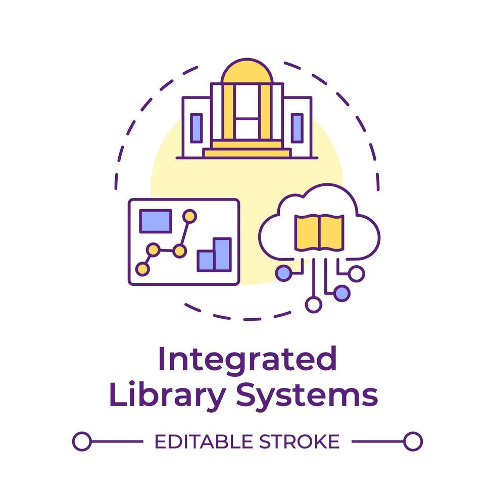 intégré bibliothèque systèmes multi Couleur concept icône. livres gérant, utilisateur service. client satisfaction. rond forme ligne illustration. abstrait idée. graphique conception. facile à utilisation dans infographie vecteur