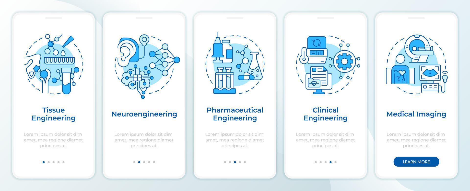 biomédical ingénierie bleu l'intégration mobile app filtrer. procédure pas à pas 5 pas modifiable graphique instructions avec linéaire concepts. interface utilisateur, ux, gui modèle. montserrat semi-gras, ordinaire polices utilisé vecteur