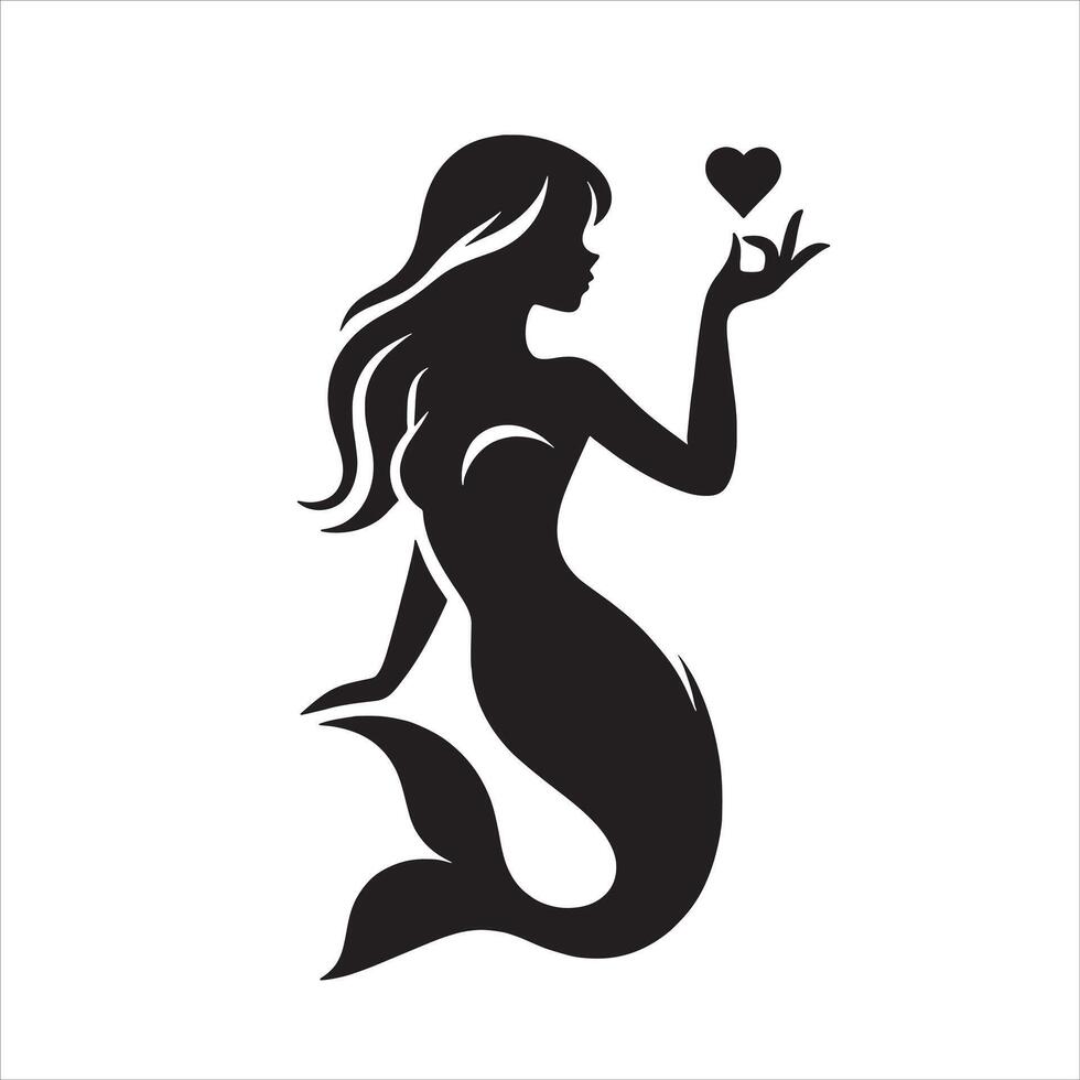 Sirène avec cœur l'amour silhouette illustration vecteur