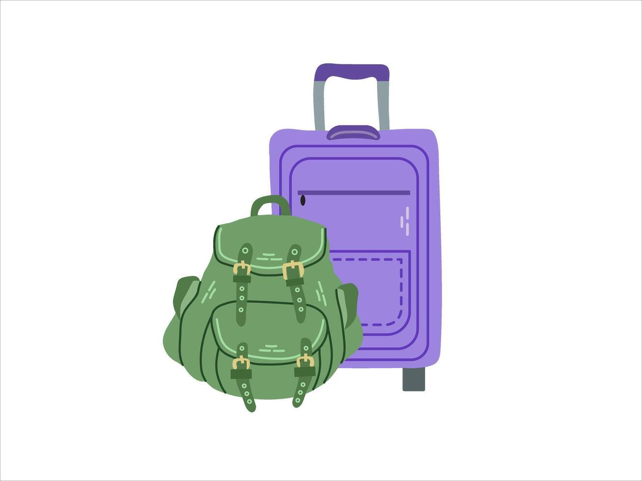 mignonne main tiré valise et camping sac à dos. plat illustration isolé sur blanc Contexte. griffonnage dessin. vecteur
