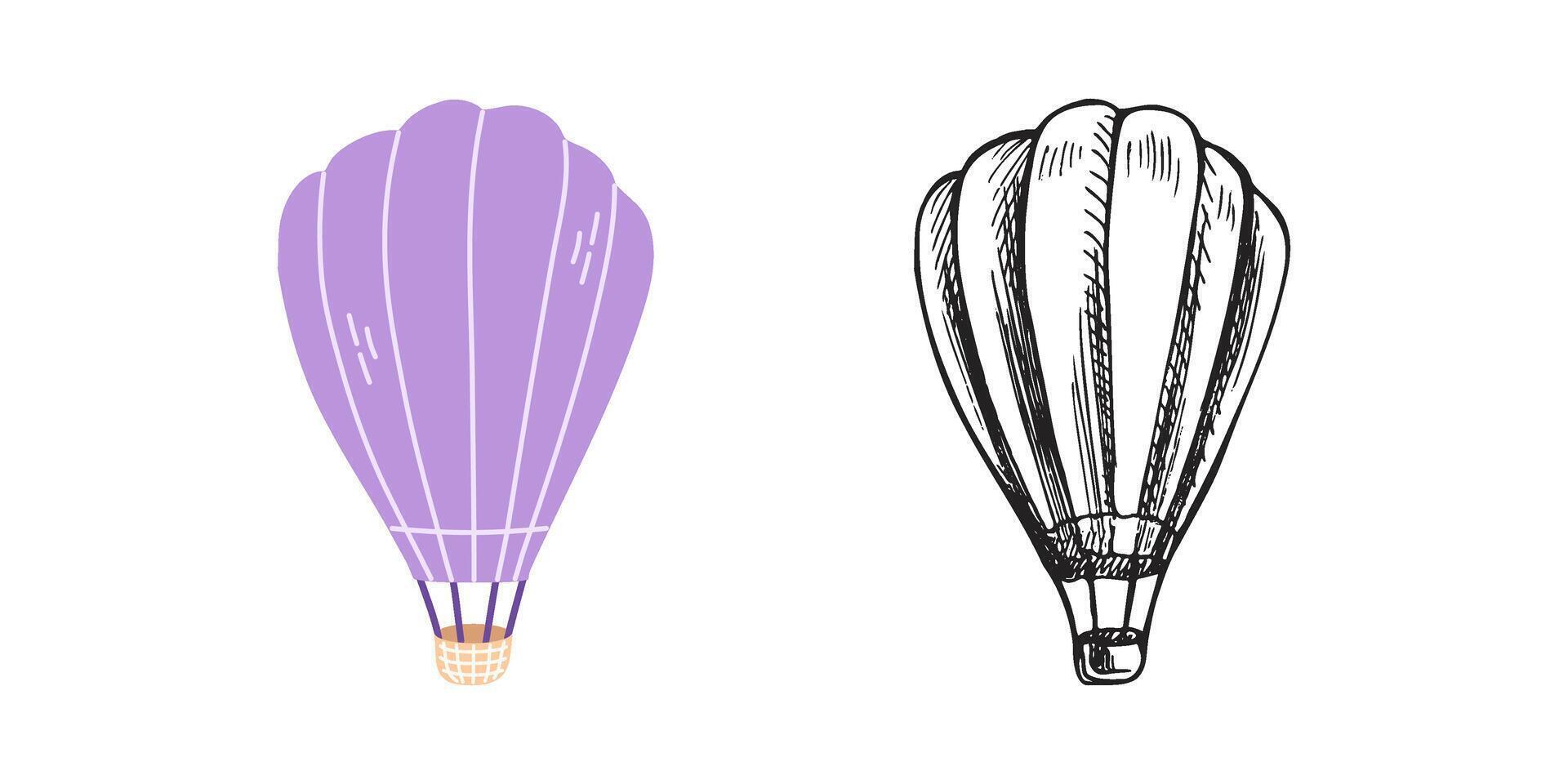 mignonne main tiré chaud air ballon. plat et esquisser contour illustration isolé sur blanc Contexte. griffonnage dessin. vecteur