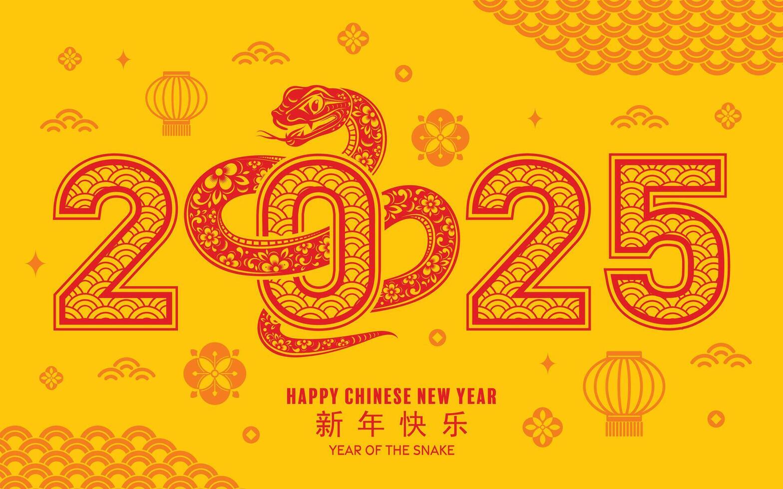 content chinois Nouveau année 2025 le serpent zodiaque signe avec fleur, lanterne, asiatique éléments rouge papier Couper style sur Couleur Contexte. vecteur