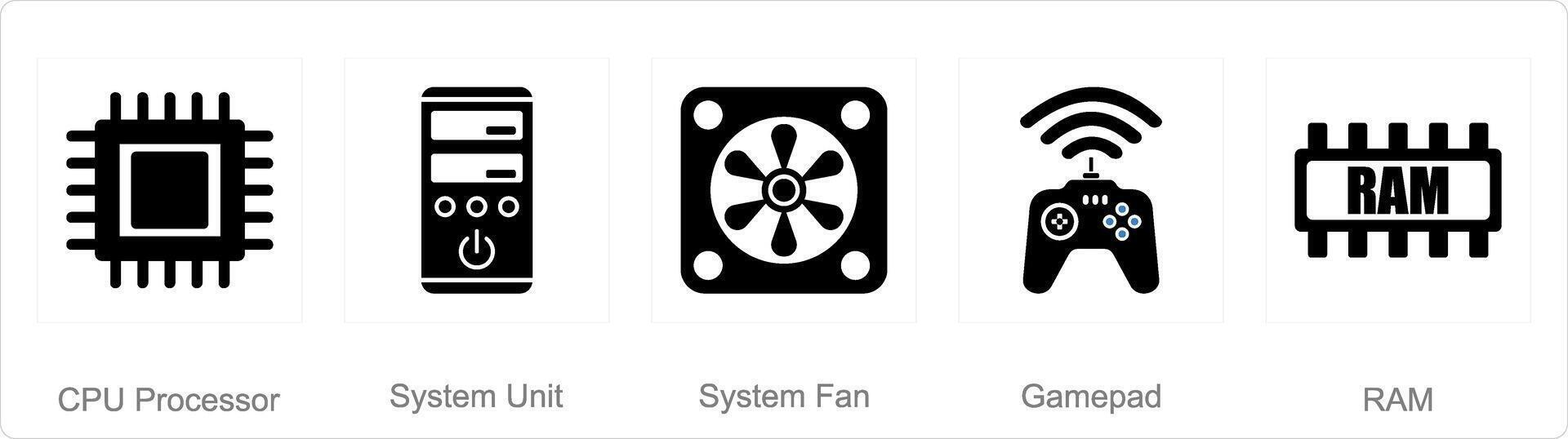 une ensemble de 5 ordinateur les pièces Icônes comme CPU processeur, système unité, système ventilateur vecteur