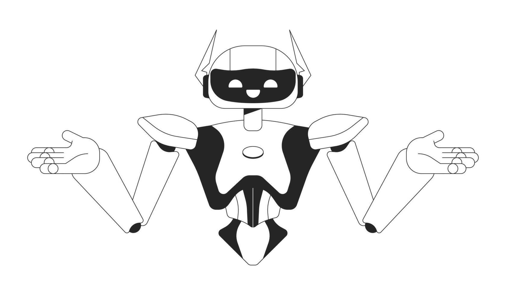 robot épaules haussant les épaules noir et blanc 2d ligne dessin animé personnage. confus humanoïde isolé contour personnage. intelligence artificiel bras en dehors monochromatique plat place illustration vecteur