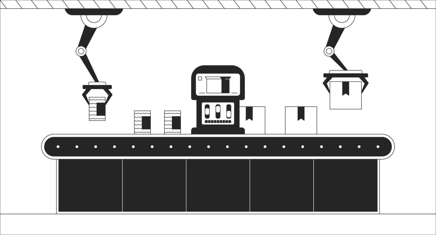 robotique automatisation noir et blanc ligne illustration. robot bras fabrication 2d intérieur monochrome Contexte. industrie 4 0. usine Assemblée ligne des boites emballage contour scène image vecteur