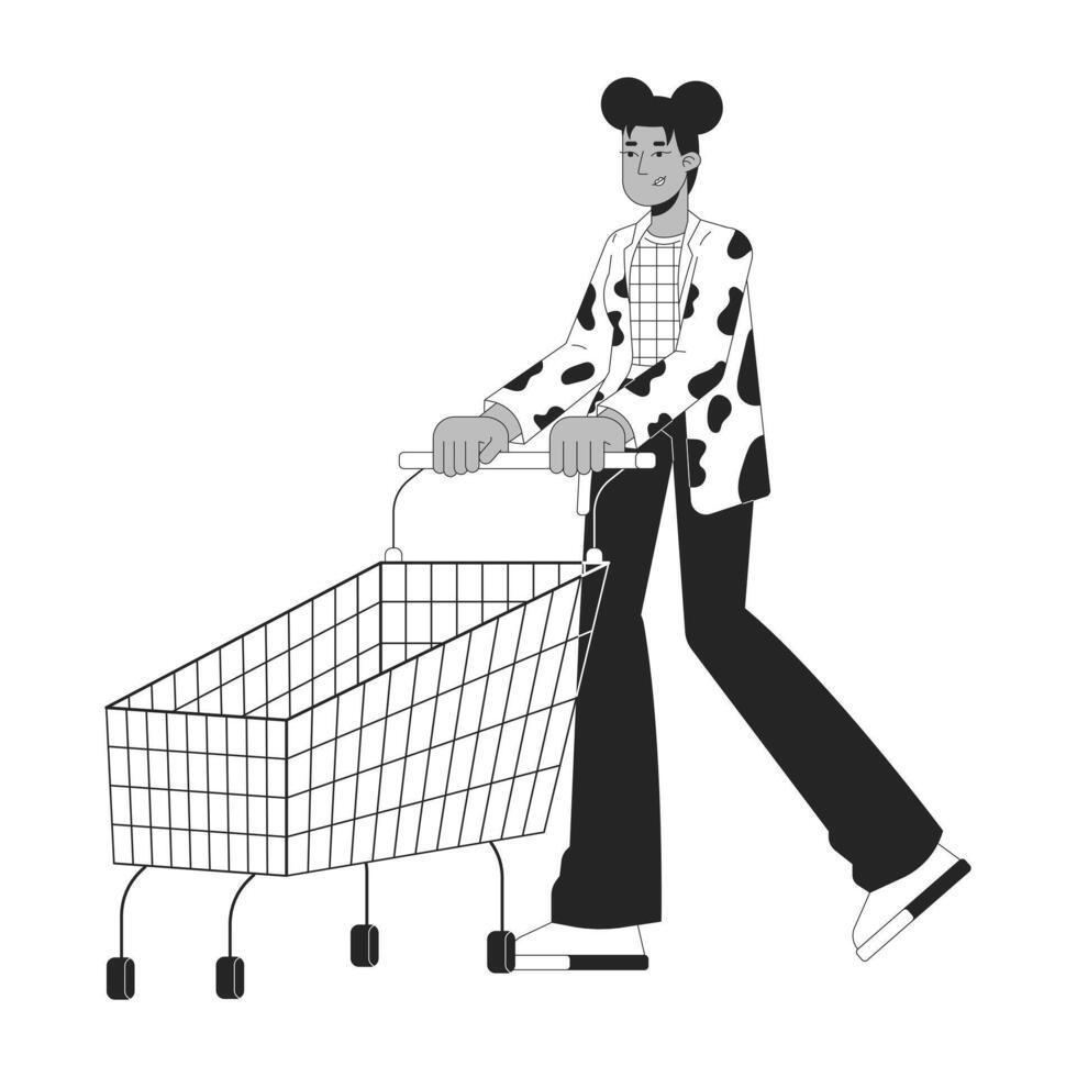 noir femme avec achats Chariot noir et blanc 2d ligne dessin animé personnage. africain américain femelle acheteur isolé contour personne. supermarché chariot fille monochromatique plat place illustration vecteur