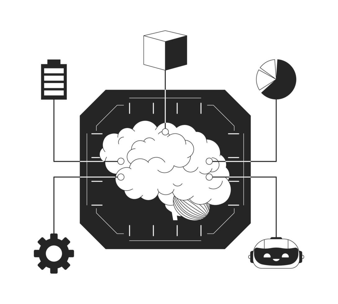 machine apprentissage cerveau noir et blanc 2d illustration concept. Les données analytique logiciel. l'informatique Plate-forme dessin animé contour objet isolé sur blanche. numérique En traitement métaphore monochrome art vecteur