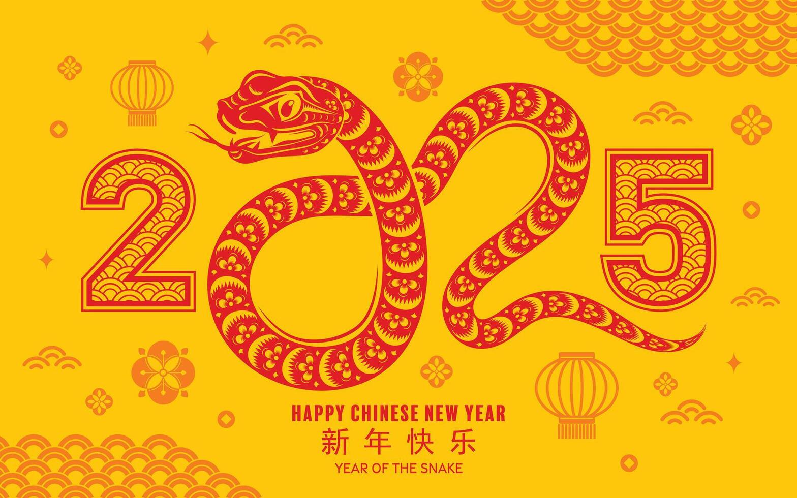 content chinois Nouveau année 2025 le serpent zodiaque signe avec fleur, lanterne, asiatique éléments rouge papier Couper style sur Couleur Contexte. vecteur