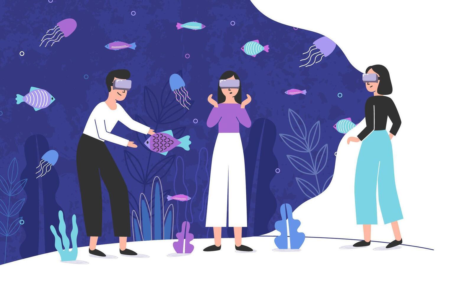 Trois gens portant virtuel réalité des lunettes et permanent à l'intérieur géant aquarium plein de exotique poisson. Masculin et femelle dessin animé personnages profiter vr casque effets. coloré illustration. vecteur