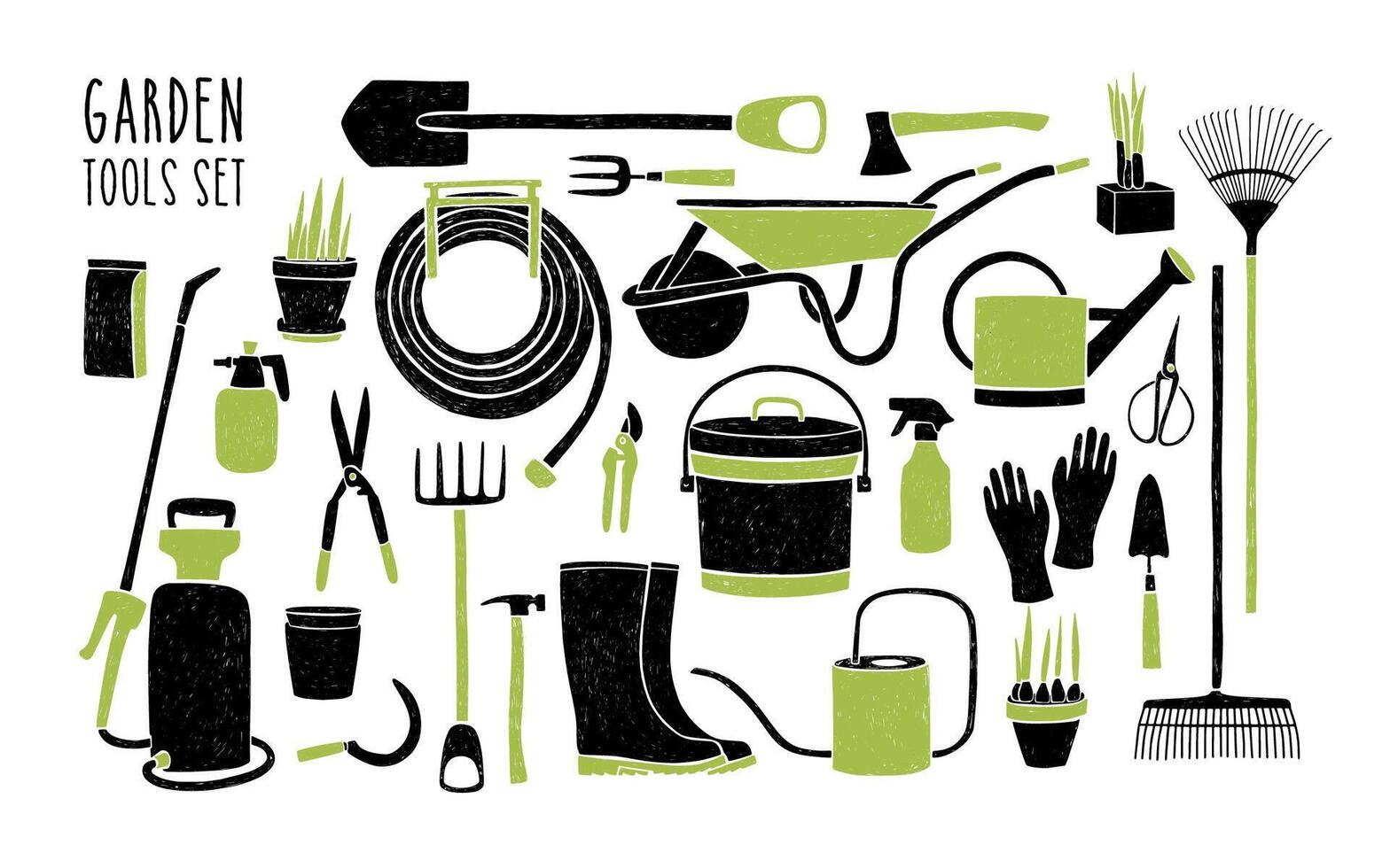 collection de jardinage outils isolé sur blanc Contexte. paquet de noir et vert équipement pour cultures cultivation, agricole travail, agriculture et croissance les plantes. main tiré illustration. vecteur